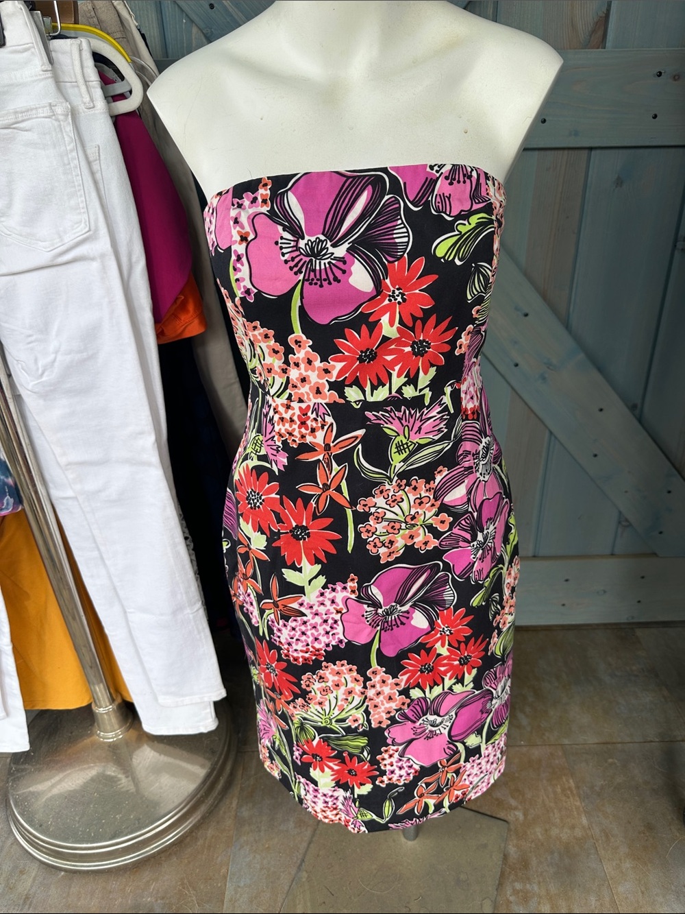 Lilly Pulitzer Strapless Floral Sheath Dress - Black with Pink & Red Floral - Picture 1 of 8